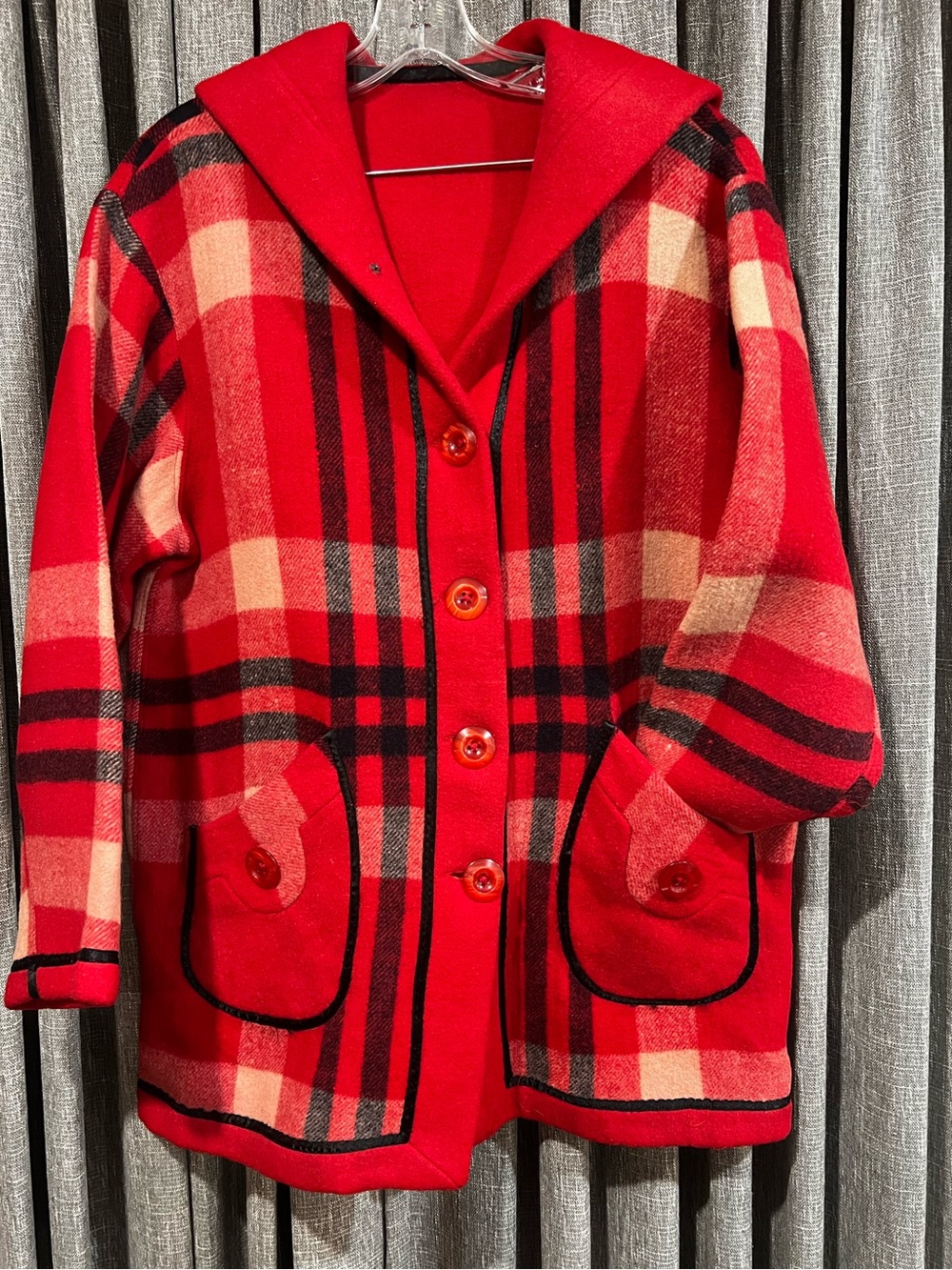 Vintage Reversible Soft Wool Felt Coat Red Plaid Hooded Fall Jacket Large